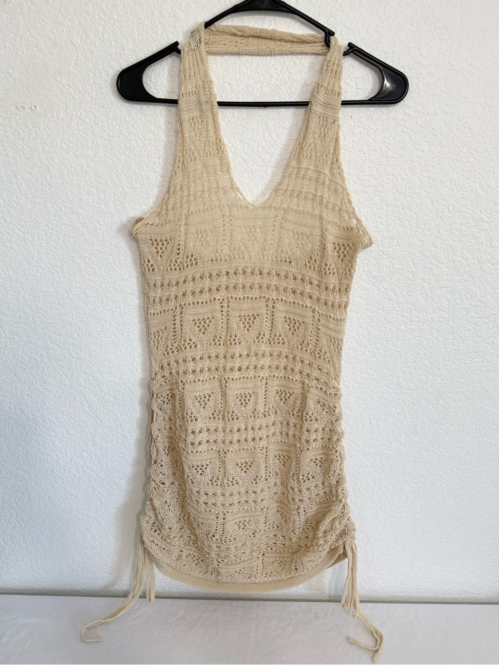 Cream Crocheted/Knitted Halter Top Bathing Suit Cover Up | Size Large